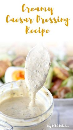 creamy caesar dressing recipe in a jar with a spoon