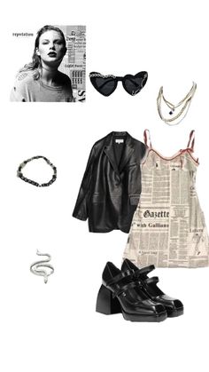 a woman's outfit and accessories including shoes, necklaces, sunglasses and bracelet