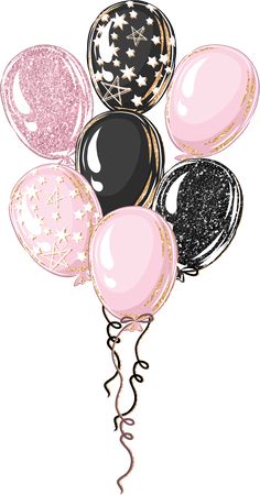 a bunch of balloons that are pink, black and white with stars on the top