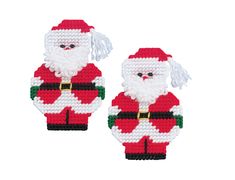 two santa claus ornaments made out of plastic beads and string, each with a different design