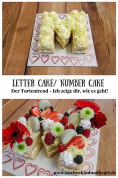 two pictures showing different types of cakes with flowers and hearts on the top, one is white