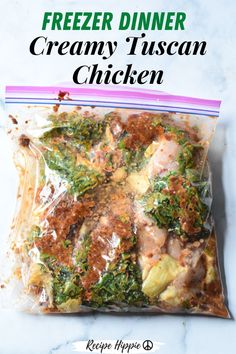 freezer dinner creamy tuscann chicken in a bag on a marble countertop