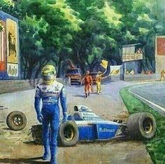 a painting of a man standing next to a racing car on the side of a road