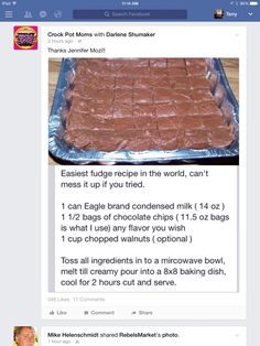 a facebook post with an image of chocolate brownies