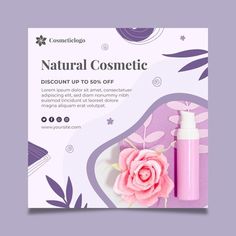 a flyer with a pink rose on it and the words natural cosmetic written in white