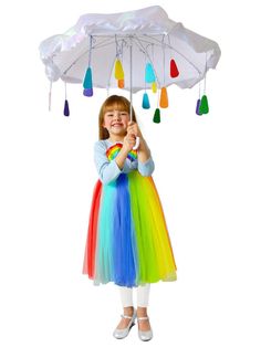 Your daughter will be looking magical as ever this year when you dress her up in our Rainbow Raincloud Girls Costume. With this set, you will receive everything your little angel needs to look like she just stepped out of an enchanted fairytale. Featuring a beautiful multi-colored rainbow dress with a white umbrella ad Rain Cloud Costume, Rainbow Costume, Cloud Costume, Rainbow Raindrops, Rainbow Costumes, Mickey Safari, Rainbow Rain, Halloween Costume Shop, Rain Cloud