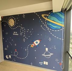 Space Themed Bedroom Toddler, Wall Painting Ideas For Kids, Space Wall Painting, Kids Hangout Room, Space Themed Bedroom, Easy Diy Room Decor, Baby Room Themes, Room Wall Painting, Murals For Kids