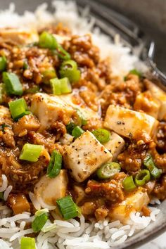 a bowl filled with rice and tofu