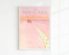 the new yorker magazine cover is hanging on the wall next to a vase with flowers in it