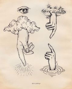 an old book with two drawings of hands in the water and one hand reaching out to another