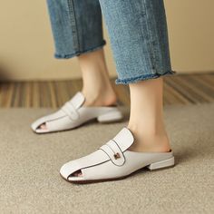 2023 New Casual Mules Women Sandals Concise Genuine Leather Fashion Low Heels Slippers Shoes Woman Office Ladies Spring Summer Slipper Shoes Women, Mules Women, Woman Office, Heels Slippers, Crewneck Sweatshirt Women, Slippers Shoes, Heel Slippers, Summer Blue, Women Sandals