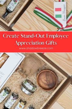 an open box with some items in it and the words, create stand - out employee appreciation gifts