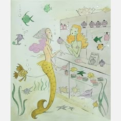 a drawing of a mermaid standing in front of a counter with fish and shells on it