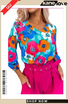 Multicolor Floral Print V Neck 3/4 Sleeve Blouse Sleeve Blouse, Floral Print, Floral Prints, V Neck, Floral