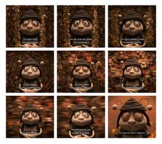 many different pictures of the same character in an animated movie, with captioning below