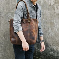 Men Tote Bag with Leather Strap Everyday Laptop Bag With Adjustable Strap And Double Handle, Casual Tote Laptop Bag With Large Capacity, Leather Shoulder Bag With Adjustable Strap For Daily Use, Casual Shoulder Laptop Bag For Daily Use, Everyday Leather Travel Bag With Adjustable Strap, Casual Large Capacity Tote Laptop Bag, Casual Leather Bags For Everyday Use, Casual Rectangular Briefcase With Luggage Sleeve, Everyday Bucket Shoulder Bag With Top Carry Handle