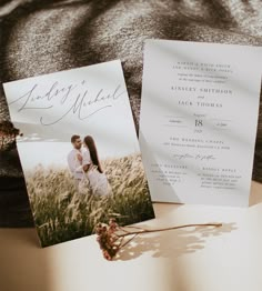 an image of a couple on their wedding day with the save the date card in front