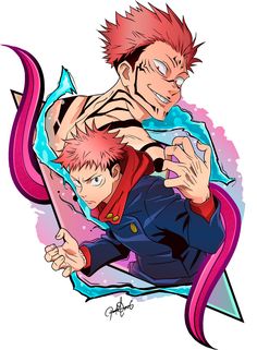 two anime characters one with pink hair and the other with blue eyes, holding onto another character