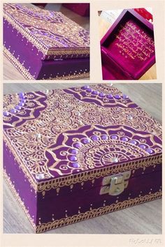 the inside of a purple box with gold designs