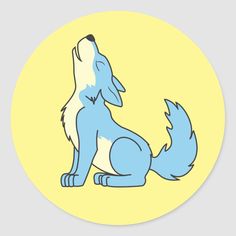 a blue and white dog sitting in front of a yellow circle with the words, i love