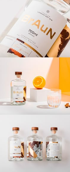 an assortment of bottles and glasses sitting on top of a shelf next to each other