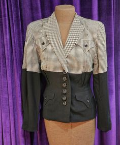 "This pretty and iconic jacket is in excellent vintage condition:  there is one small snag in the wool on the right sleeve - see photo #7 - that can be repaired from the underside and the black satin lining should be removed or replaced. Be sure to note the wonderful 1\" black buttons down the front and the matching 1/2\" buttons on the flapped faux chest  pockets and those on the 5\" flapped pockets on either side of the waist. The waist is nipped and there is a light shoulder pad on each shoul Retro Fitted Wool Outerwear, Vintage Fitted Blazer For Work, Vintage Fitted Blazer With Buttons, Fitted Vintage Workwear Blazer, Vintage Fitted Blazer For Office, Fitted Vintage Blazer For Office, Vintage Fitted Office Blazer, Vintage Fitted Outerwear For Formal Occasions, Vintage Fitted Blazer For Fall