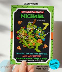 the teenage mutant birthday party is going on with this tmnt themed ticket card