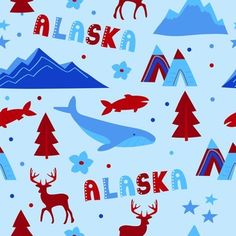 a blue background with red, white and blue alaska symbols in the shape of mountains