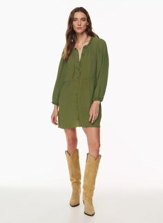 DOLLHOUSE DRESS | Aritzia Green Bohemian Button-up Dress, Casual Long Sleeve Dresses For Gatherings, Relaxed Fit Mini Dress With Buttons, Casual Dresses For Fall Gatherings, Casual Fall Dresses For Gatherings, Fall Beach Button-up Mini Dress, Green Mini Dress For Fall Daywear, Rayon Dress For Daywear In Fall, Flowy Rayon Mini Dress For Daywear