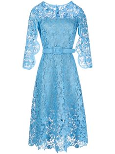 blue silk floral-lace detailing cut-out detailing detachable and adjustable waist belt round neck concealed rear zip fastening three-quarter length sleeves mid-length full lining Light Blue Lace Midi Dress Knee-length, Belted Lace Party Dress, Belted Lace Dress For Party, Lace Belted Dress For Party, Elegant Blue Belted Dress, Belted Fitted Lace Dress, Chic Lace Belted Dress, Chic Belted Lace Dress, Formal Belted Lace Dress