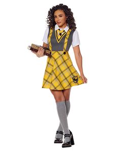 If you're all about justice, patience, and hard work, you belong in this Hufflepuff uniform! This officially licensed Hufflepuff costume includes a dress with a short-sleeved, collared undershirt, an attached sweater vest and suspenders, and a matching tie. Get ready to work your magic alongside your fellow Harry Potter fans! Officially licensed Includes: Dress with attached undershirt, suspenders, and vest Tie Short sleeves Material: Polyester, spandex Care: Spot clean Imported Note: Socks, sho Beast Womens Costume, Womens Beast Costume, Pooh Women Costume, Yellow Costume Dress, Harry Potter Costume Adult Women, Harry Potter Costume Black Women, Harry Potter Costume Party, Hufflepuff Bounding, Collared Undershirt