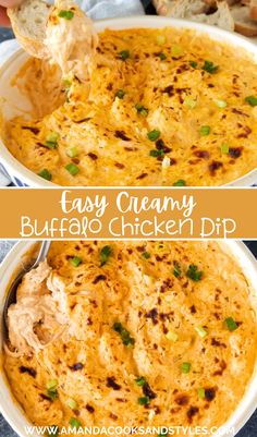 easy creamy buffalo chicken dip in a white casserole dish