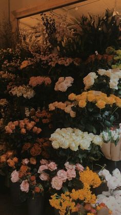 a bunch of flowers that are sitting on the ground in front of a wall with a mirror