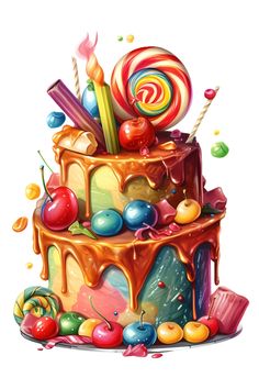 Celebration cake. Праздничный торт. PNG. Cake Artwork, Watercolor Food Illustration, Japanese Food Illustration, Food Art Painting, Cake Drawing, Copic Marker Art, Diy Crafts For Teens, Recipe Cards Template, Food Artwork