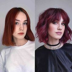 Wine-Colored Layered Bob with Bangs Shoulder Length Layered Bob With Bangs, Medium Layered Bob With Bangs, Short Layered Hairstyles With Bangs, Mid Length Hairstyles With Bangs, Red Bob With Bangs, Layered Bob Hairstyles With Bangs, Long Bob With Bangs