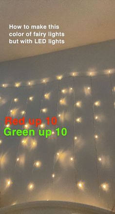 a bed with white lights on it and the words how to make this color of fairy lights but with leds