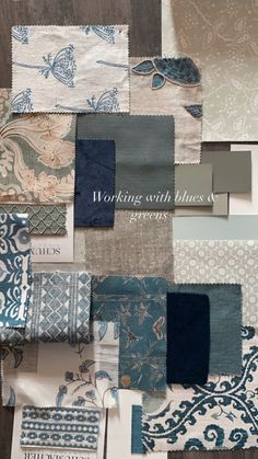 many different shades of blue and white fabric with the words working with blues & greys