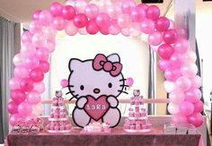 a hello kitty themed birthday party with pink balloons and candy bar set up on a table