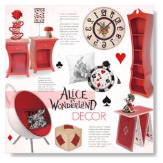 an advertisement for the alice in wonderland decor book, with red furniture and accessories on display