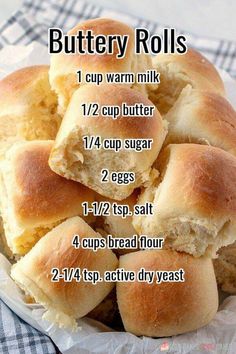 a pile of buttery rolls sitting on top of a white plate with instructions for how to make them