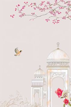 Experience the charm of 'Palace Serenity - Hand-Painted Elegance.' This design features a white background adorned with intricate palace architecture and blooming flowers, capturing the essence of a delicate hand-painted style. An elegant bird soars in the sky, adding a touch of grace. The overall color scheme is soft pink, with clear patterns and textures, this artwork is perfect for decorating wallpapers or mobile phone screens, blending cultural beauty with modern aesthetics.