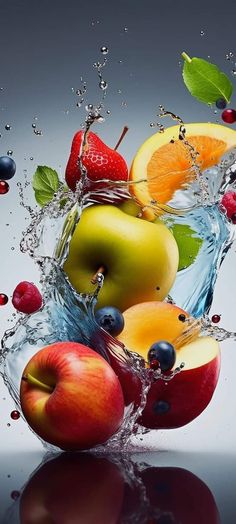 apples, oranges and blueberries are splashing into the water