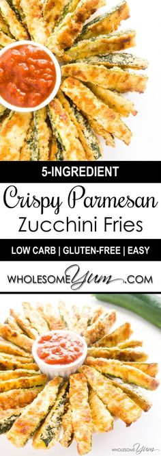 an advertisement for crispy parmesan zucchini fries with sauce on top