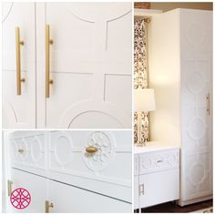 three pictures of white furniture with gold handles and knobs on the doors, including a dresser