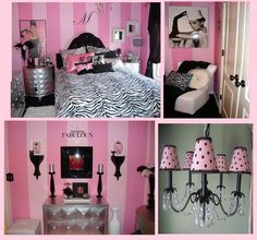 pink and black bedroom decor with zebra print on the walls, chandelier and bed