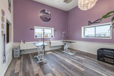 an empty room with purple walls and wooden floors