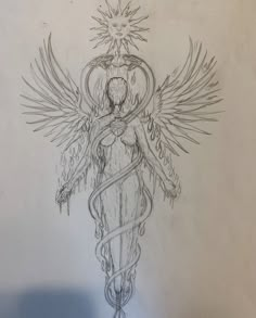 a pencil drawing of an angel holding a snake in its arms and surrounded by flames