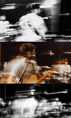 three different shots of the same person playing guitar