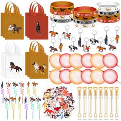 horse themed birthday party supplies including balloons, streamers, and keychains with horses on them