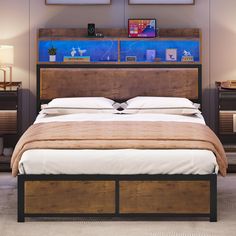 a bed with two nightstands on each side